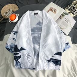 image-A generation of Japanese ukiyo-e Taoist robe sea wave carp kimono male and female couple three-quarter sleeve shirt wholesale