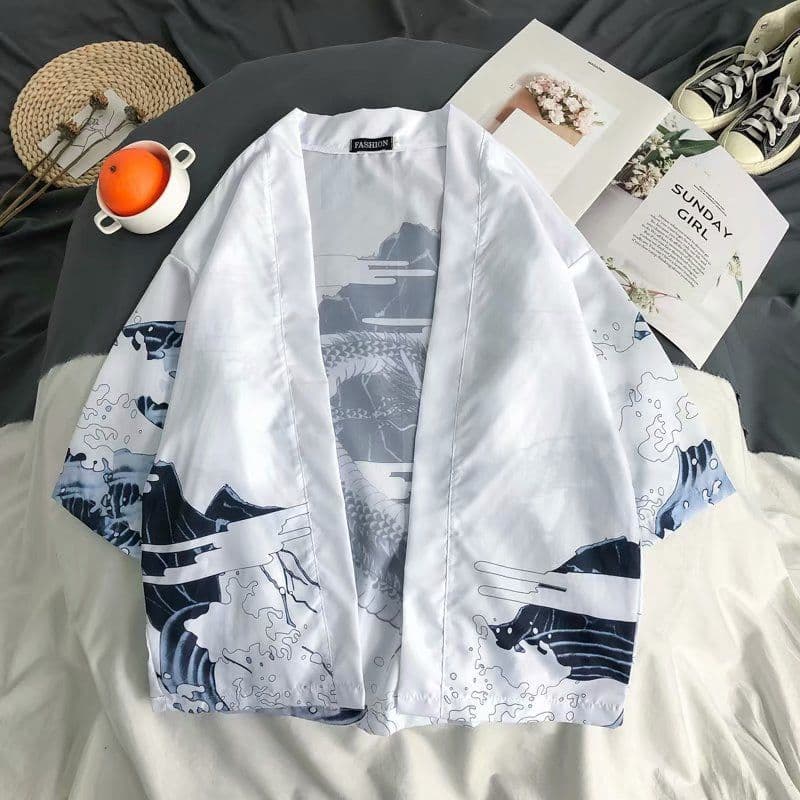 image-A generation of Japanese ukiyo-e Taoist robe sea wave carp kimono male and female couple three-quarter sleeve shirt wholesale