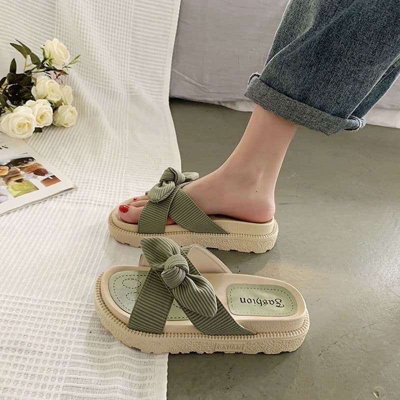 image-Roman Sandals - Beige Flat Bow Tie Summer