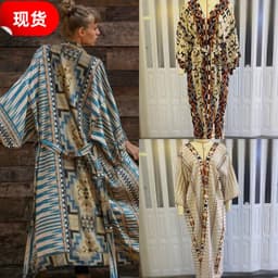 image-Spot cross-border long beach cover-up kimono rayon printed vacation robe cardigan sun protection shawl
