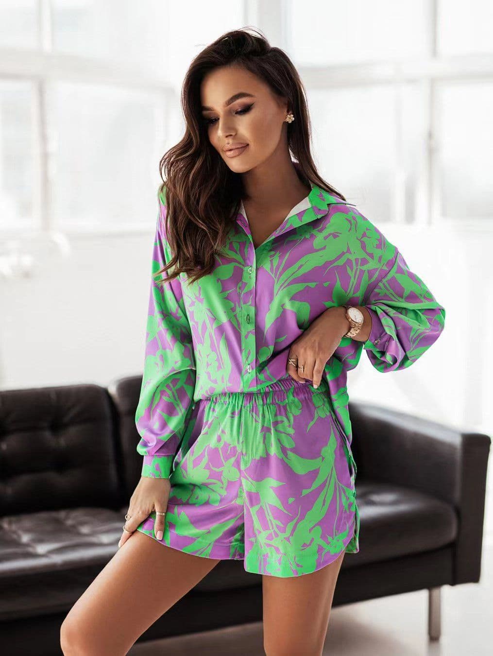 image-Women's Casual Shirt Shorts Set - Multicolor