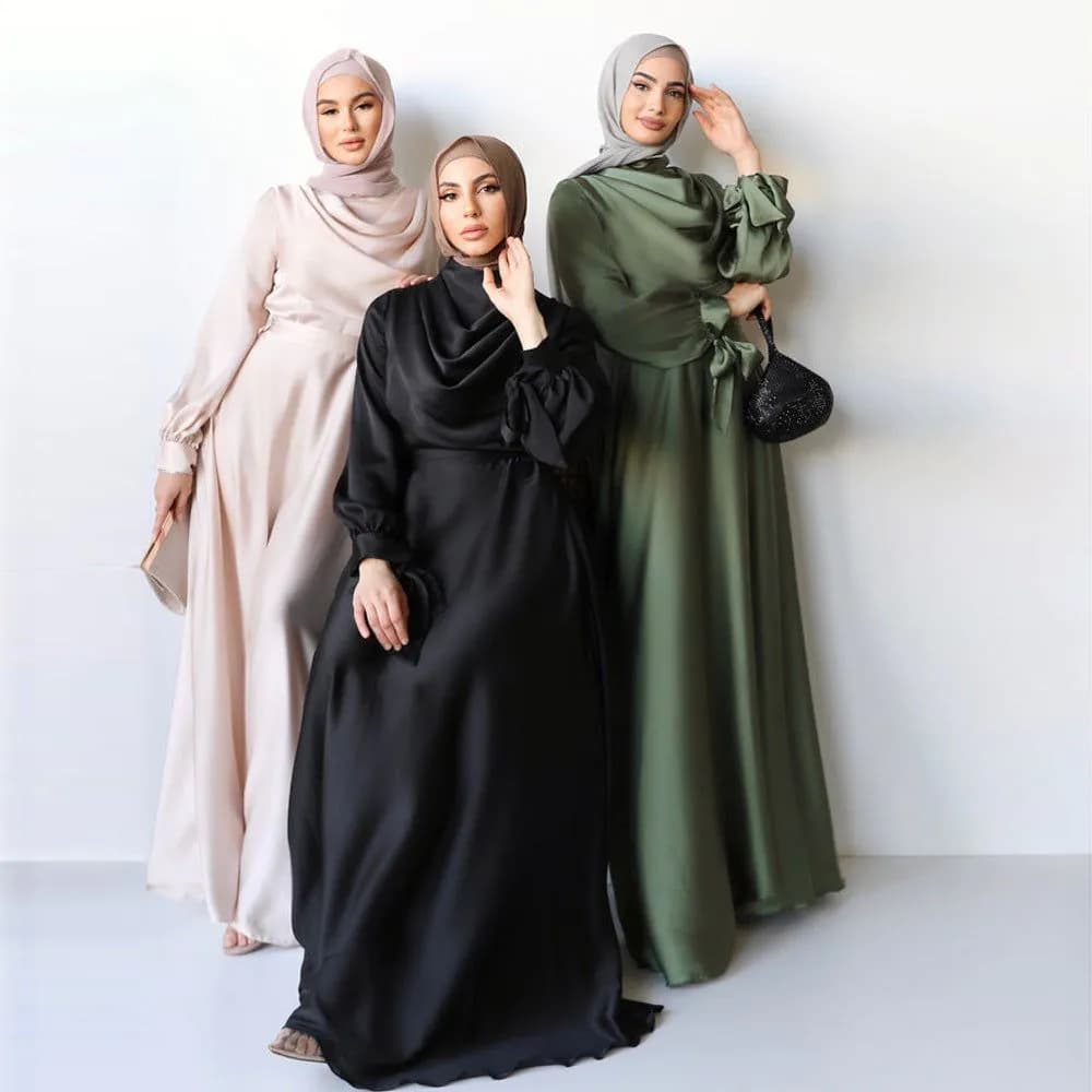 image-Muslim Abaya Dress - Long Sleeve High Waist A-Line Off White