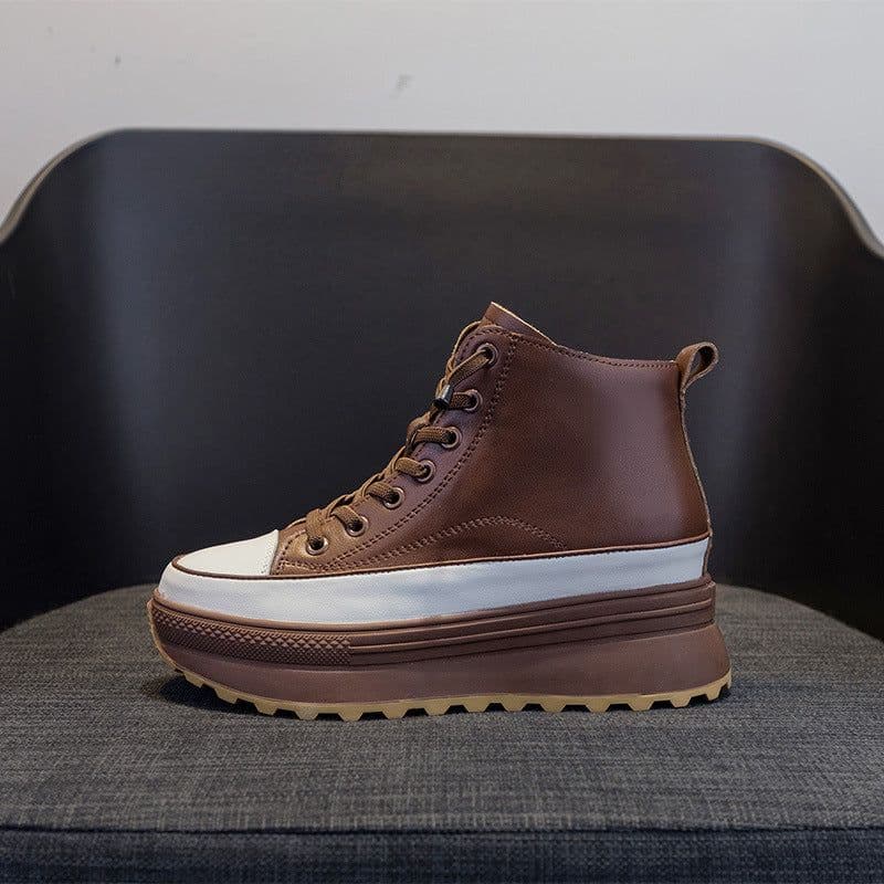 image-BRYX High-Top Leather Shoes - Brown Velvet, Platform, Heeled, 40, Versatile Women's