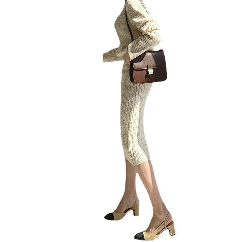 image-Women's Knit Cardigan Skirt Suit Set - Blue Midi