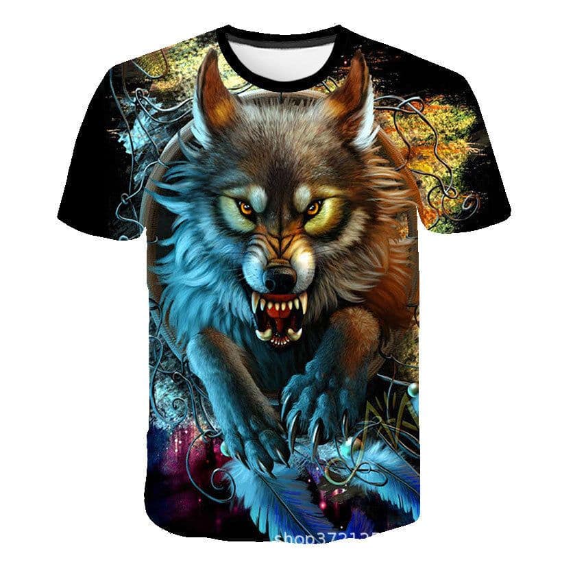image-Men's 3D Digital Print Wolf T-Shirt - Black Casual
