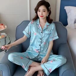 image-Silk Satin Pajamas - Plus Size Short-Sleeved Trousers, 5XL, Double Blue Satin, Comfortable