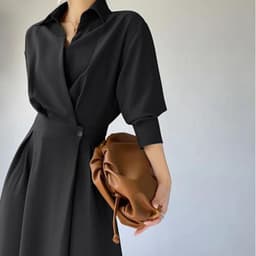 image-Polyester Midi Dress - Orange Long Sleeve POLO Collar