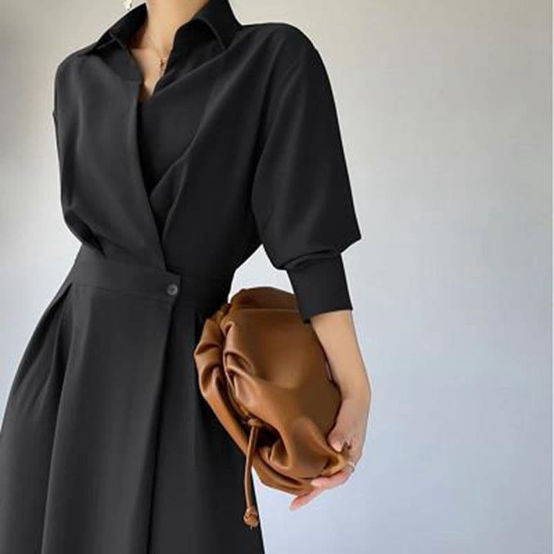 image-Polyester Midi Dress - Orange Long Sleeve POLO Collar