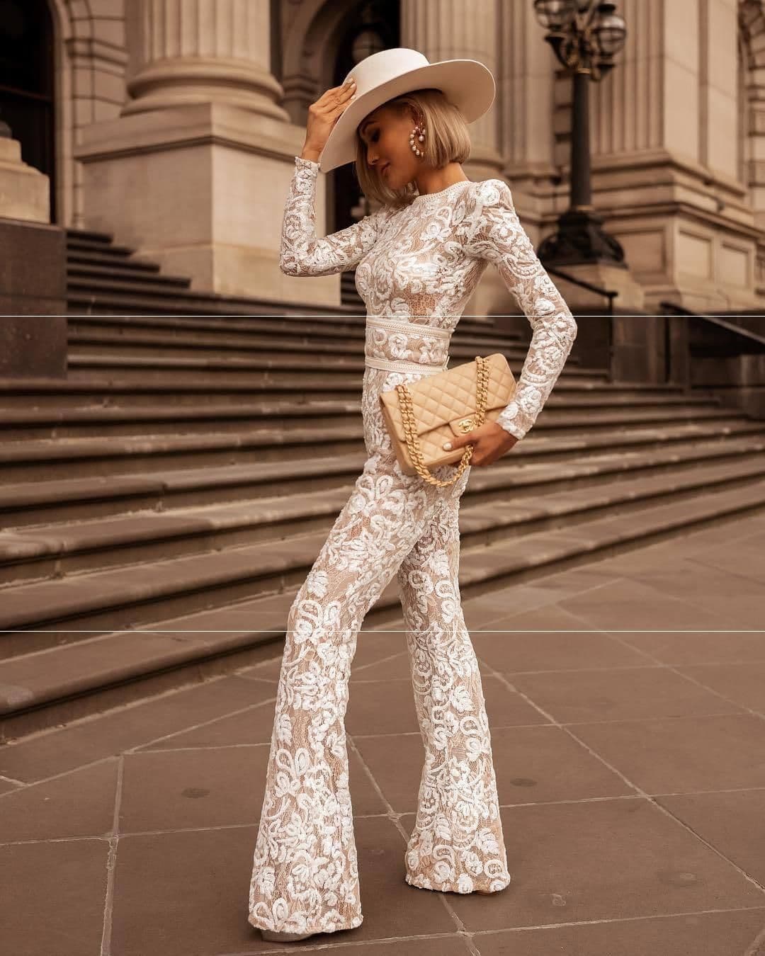 image-Women's White Lace Jumpsuit - Cotton Casual