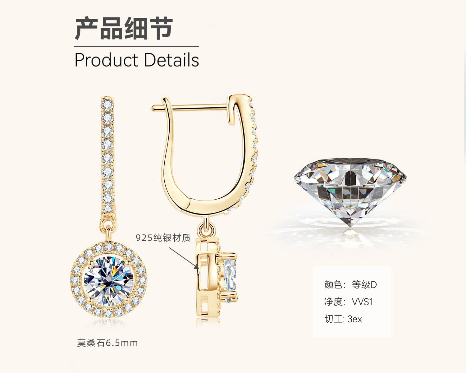 image-Moissanite Diamond Earrings Rose Gold 925 Silver Luxury Jewelry Wholesale
