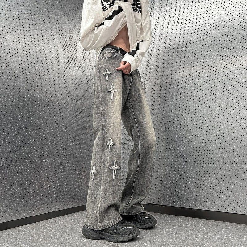 image-Yellow mud cross jeans men's spring and autumn national trend oversize pants handsome loose micro-flared wide-leg pants