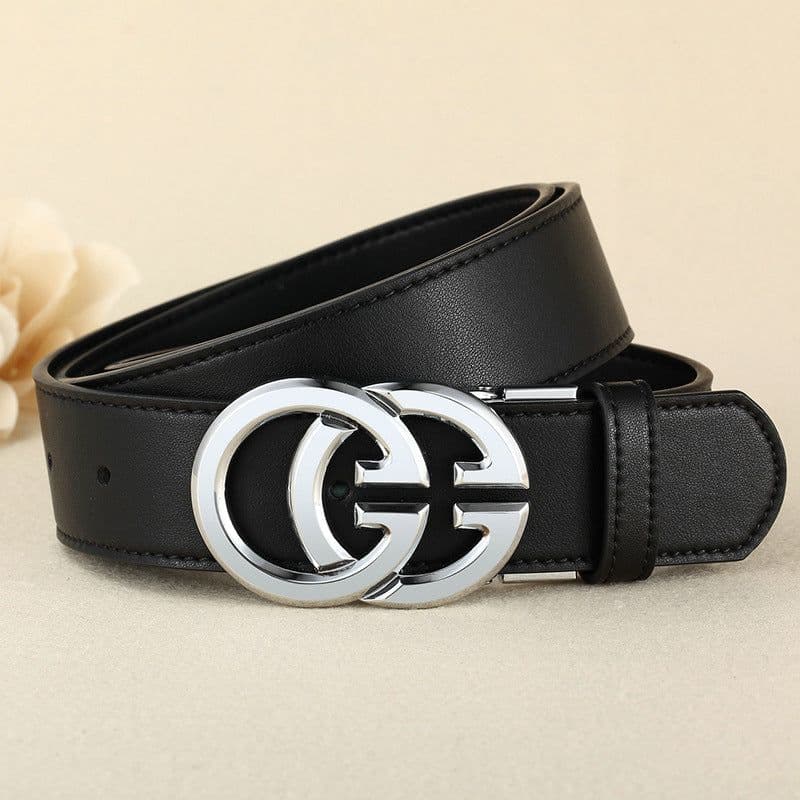 image-Women's Leather Belt - Black Gold Buckle 95-120cm