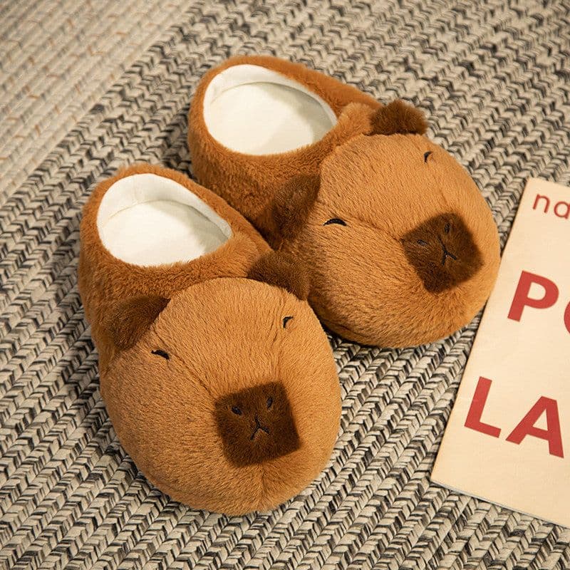 image-Cartoon Bear Plush Slippers - Large, South Korean Velvet, Dark Teddy Bear Shoes