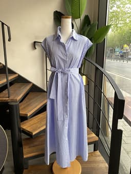 image-Women's Polo Collar Striped Shirt Dress - Long Sleeve A-Line
