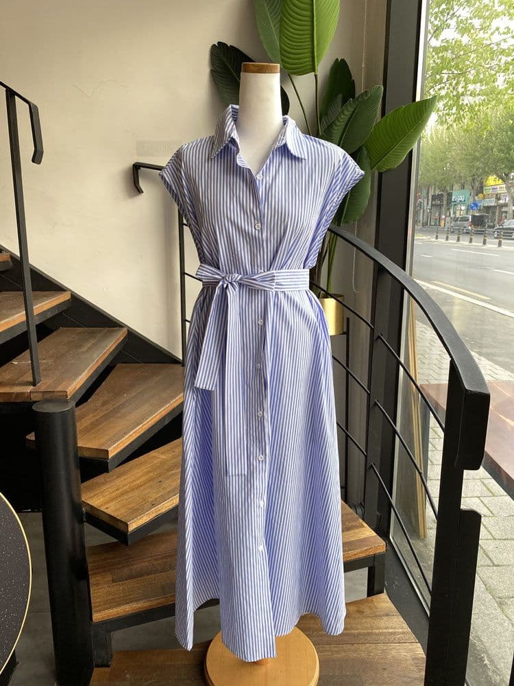 image-Women's Polo Collar Striped Shirt Dress - Long Sleeve A-Line