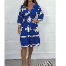 image-Women's Printed Midi Dress - Black Elastic Waist S