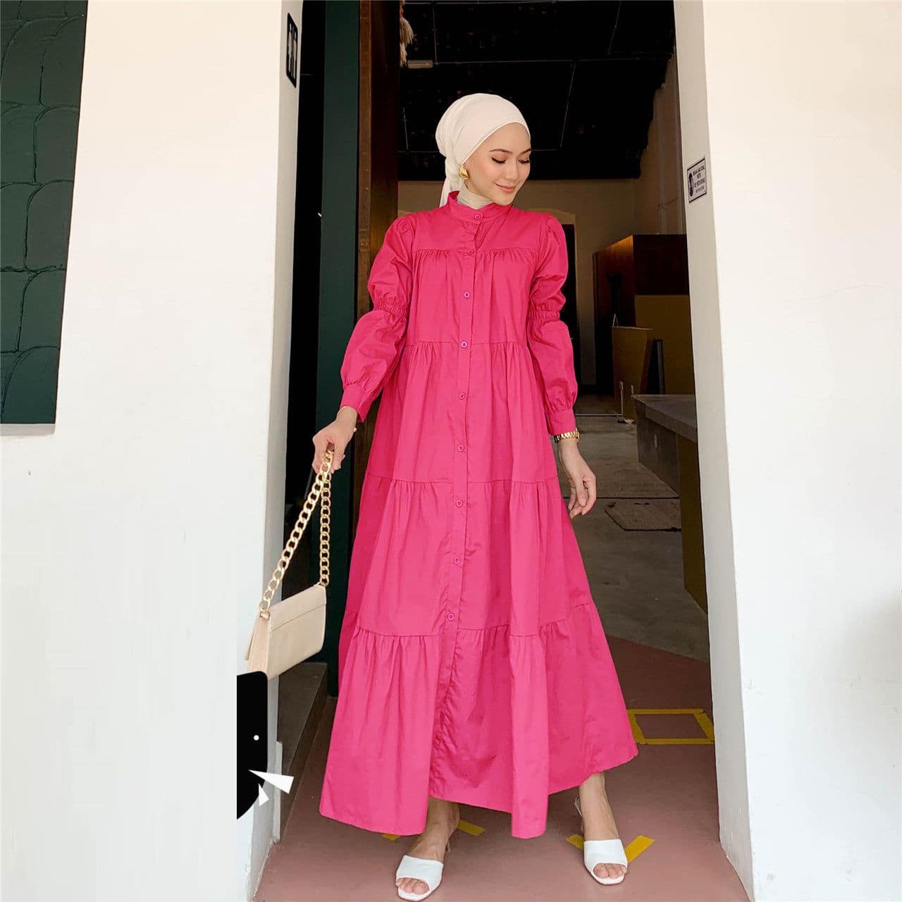 image-Cotton Blend Maxi Dress - Dark Green Puff Sleeves