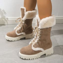 image-Women's Snow Boots - Black Suede Mid-Calf Lace-Up