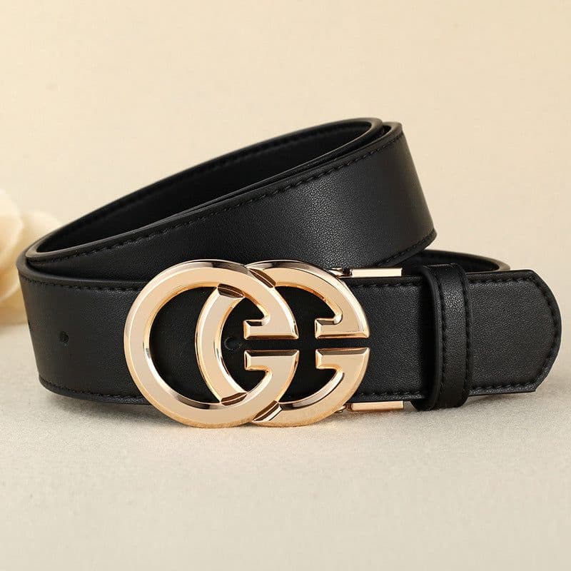 image-Women's Leather Belt - Black Gold Buckle 95-120cm