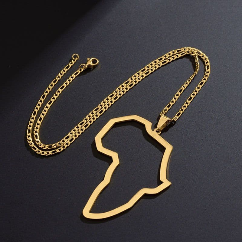 image-European Retro Hip-Hop African Map Necklace, Stainless Steel, 21-50cm Adjustable