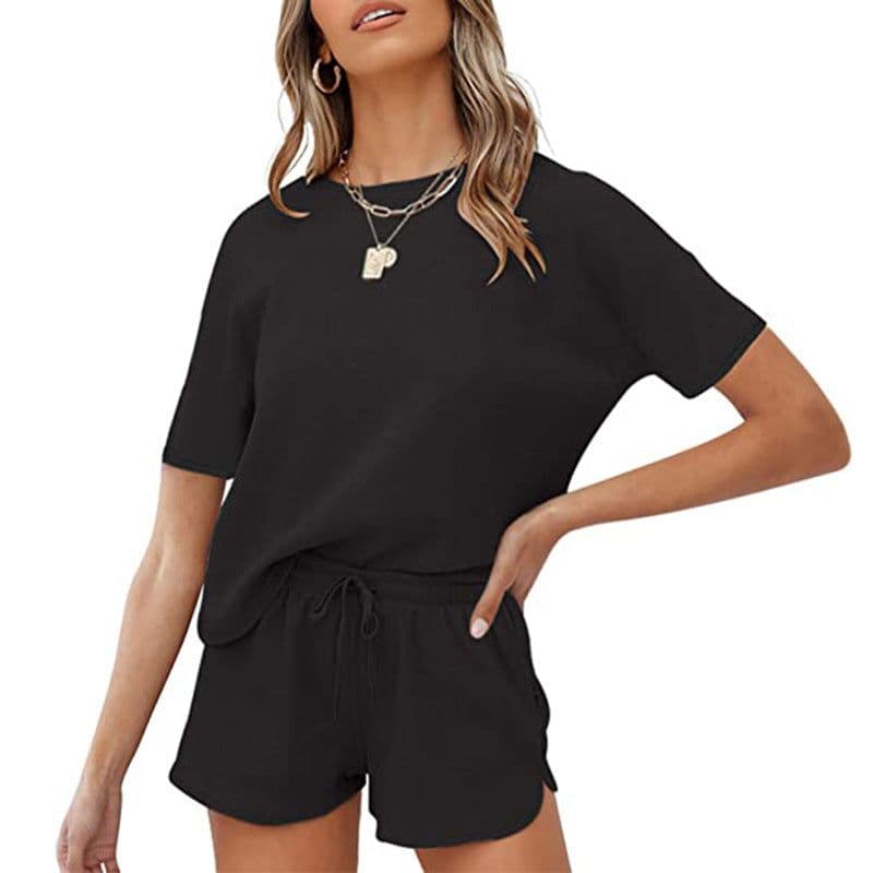 image-Spring/Summer 2023 Retro Casual Waffle Two-Piece Suit - XXL Solid Color