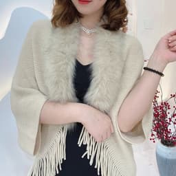 image-Women's Imitation Cashmere Shawl - Apricot Tassel Fur Collar