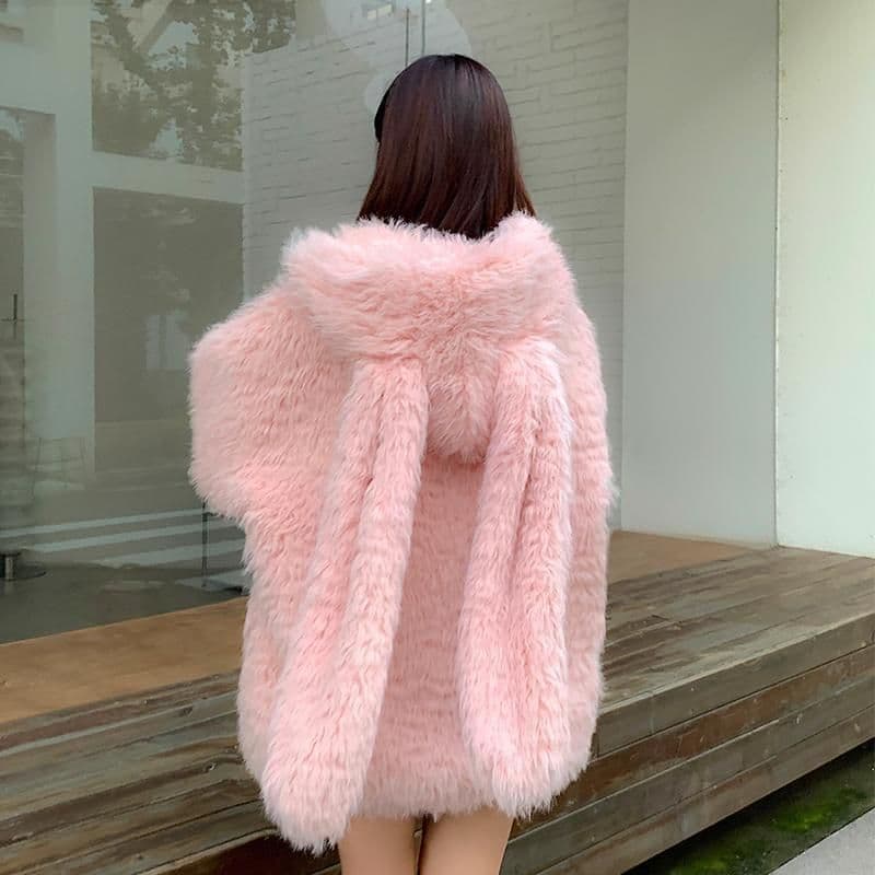 image-Women's Bunny Ears Hooded Velvet Jacket - Loose Fit