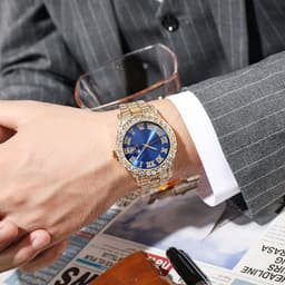 image-Hiphop watch European and American hot style men's steel belt hip-hop Roman scale diamond calendar men's quartz watch