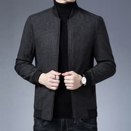 image-Navy Blue Slim Jacket Stand Collar Men's Raglan Sleeves
