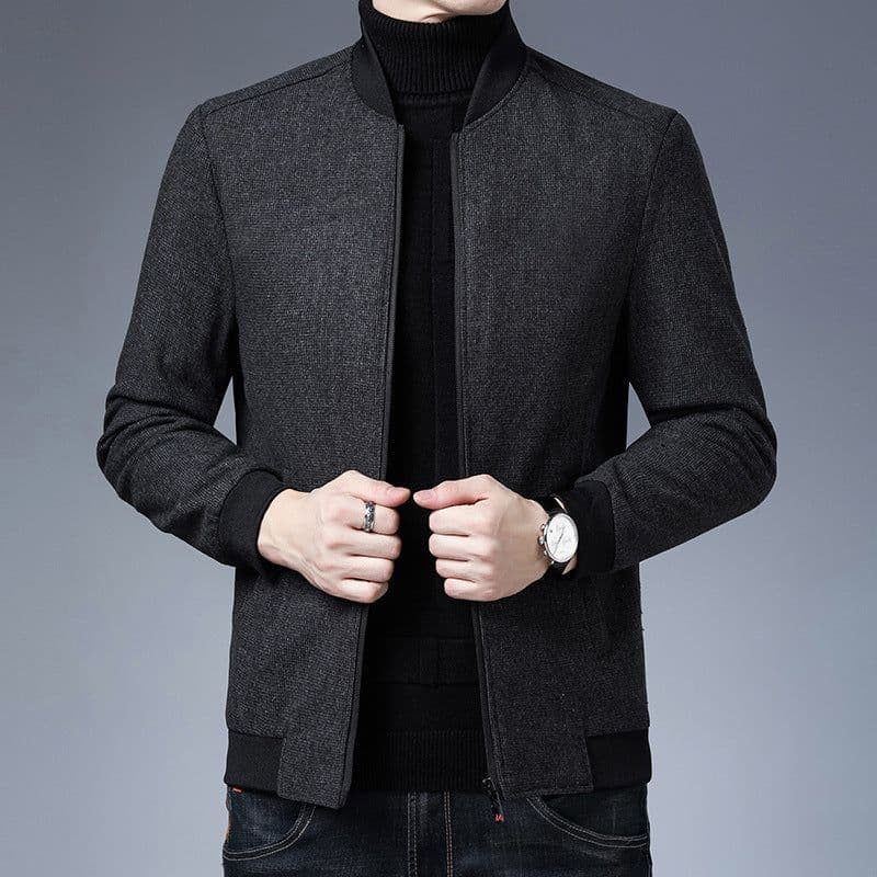 image-Navy Blue Slim Jacket Stand Collar Men's Raglan Sleeves
