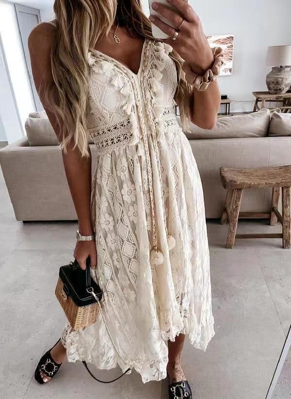 image-Lace Suspender Midi Dress - Apricot V Neck XXL