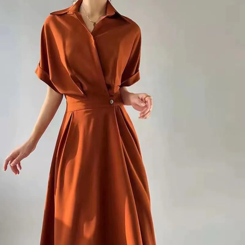 image-Polyester Midi Dress - Orange Long Sleeve POLO Collar