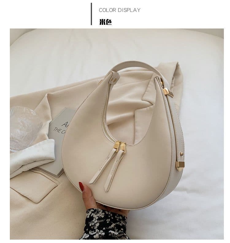 image-Beige PU Crescent Baguette Bag - Single Strap
