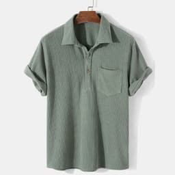 image-men's shirt 2023 summer new light familiar style short-sleeved corduroy lapel shirt simple top trend