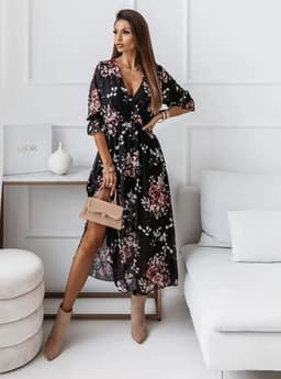 image-Women's V-Neck Chiffon Dress - Black Leopard Print XXL