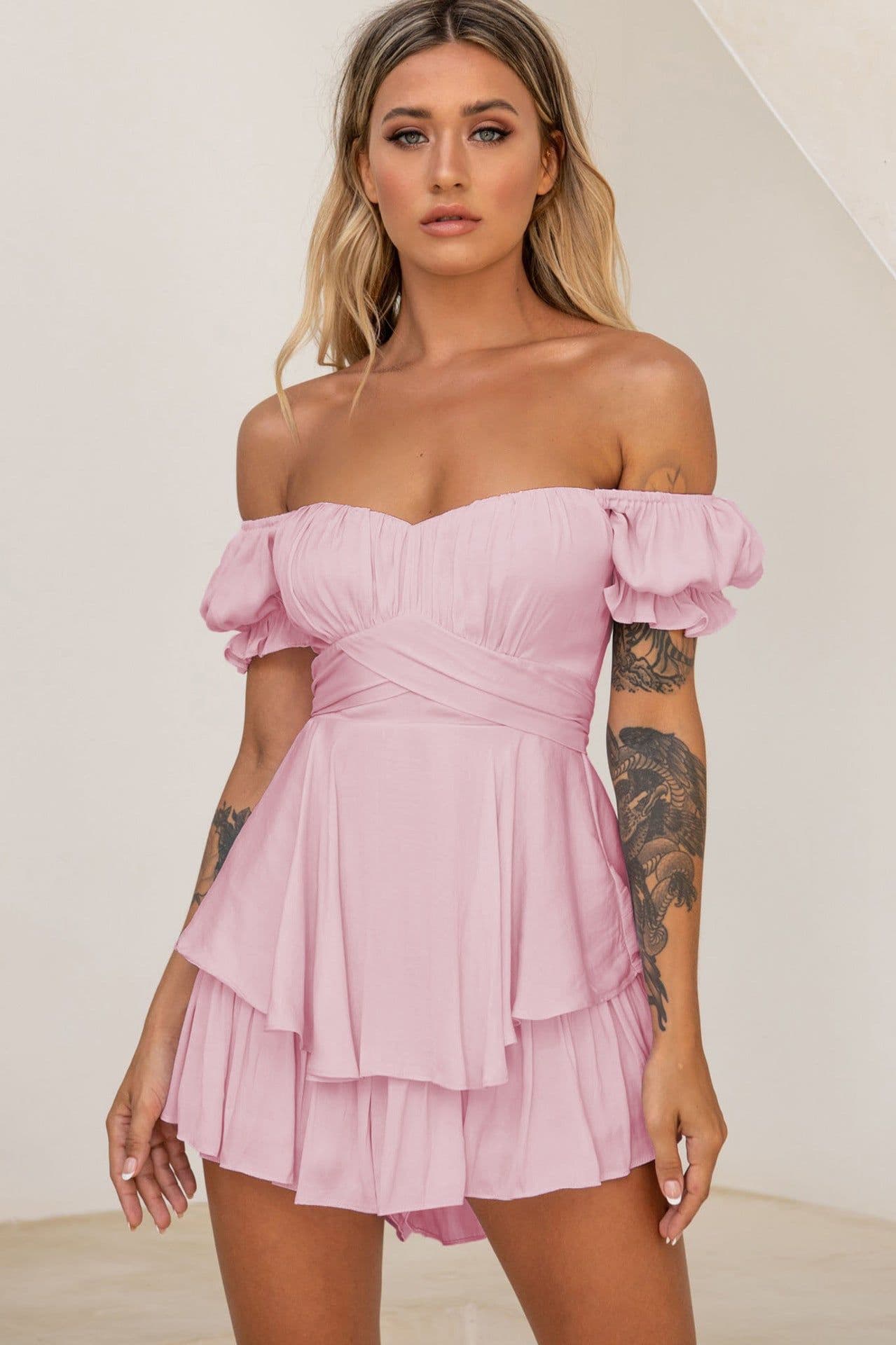 image-Spot wholesale jumpsuit solid color fashion sexy one-word collar lantern lotus leaf sleeve casual summer women's short pants