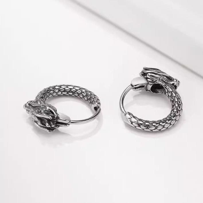 image-Retro Dragon Men's Earrings, Silver Hip-Hop Zodiac Style 2023