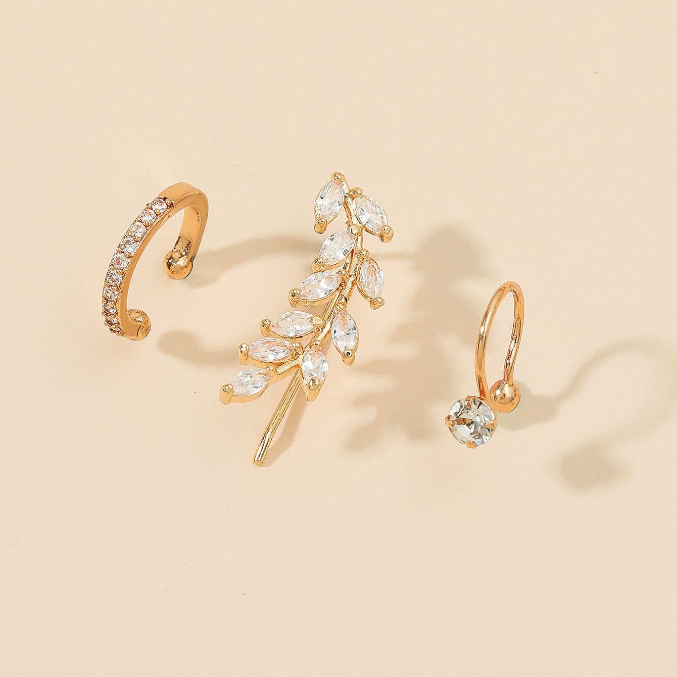 image-Simple Diamond Leaf Flower Zircon Ear Stud Set - No Pierced