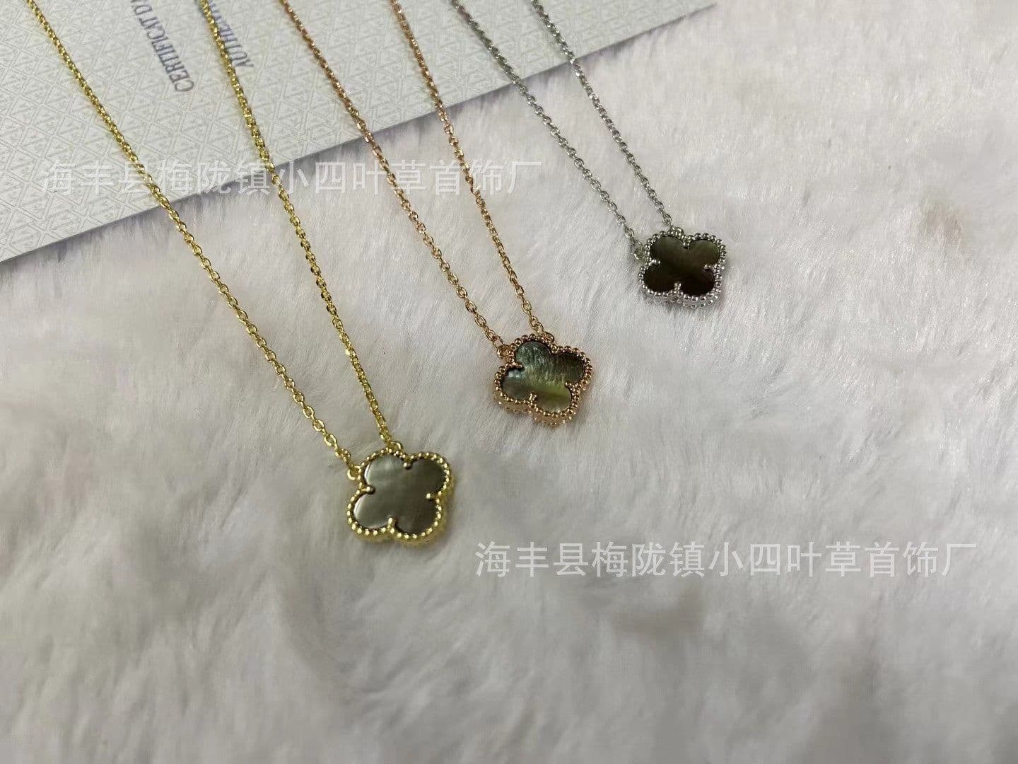 image-v gold 925 silver Fanjia four-leaf clover necklace high version women's thick plated 18k single flower pendant natural fritillary chalcedony