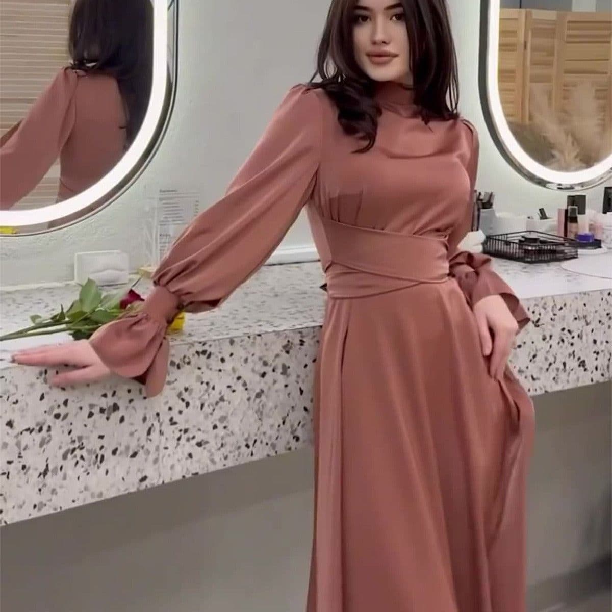 image-Women's Satin Dress - Amber Waist Long Sleeve XXL