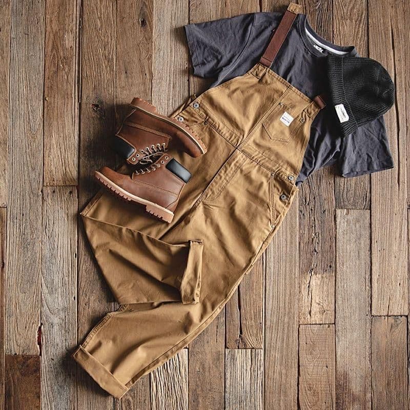 image-Fan Siyuan Retro Khaki Overalls - Men's Straight Pocket Workwear, XXL