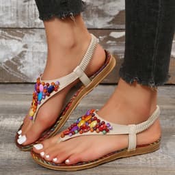 image-Women's Beaded Herringbone Sandals - Beige Size 43