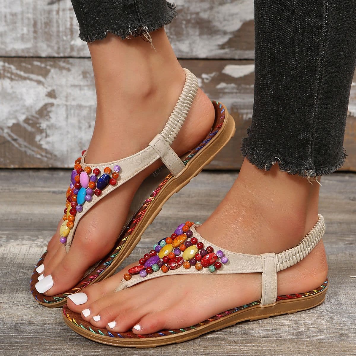 image-Women's Beaded Herringbone Sandals - Beige Size 43