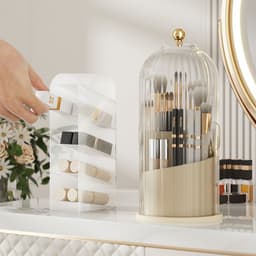 image-Light luxury bird cage lid cosmetic storage box desktop rotatable compartment storage tube transparent dustproof makeup box with cover