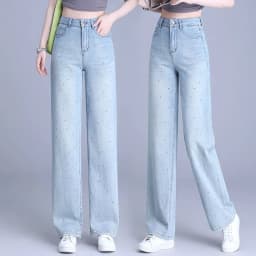 image-Women's High-Waist Slim Jeans - Wide Leg Blue Denim