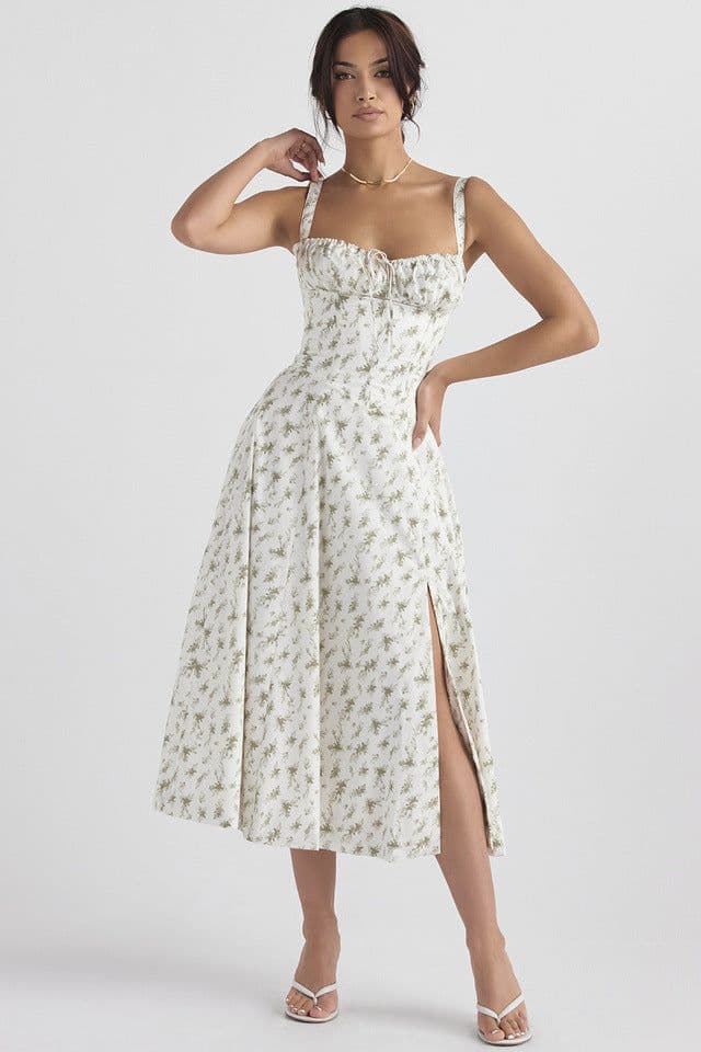 image-Women's Floral Sleeveless Midi Dress - Green Lace-Up