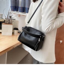 image-Women's Genuine Leather Bucket Bag - Black Soft Cowhide