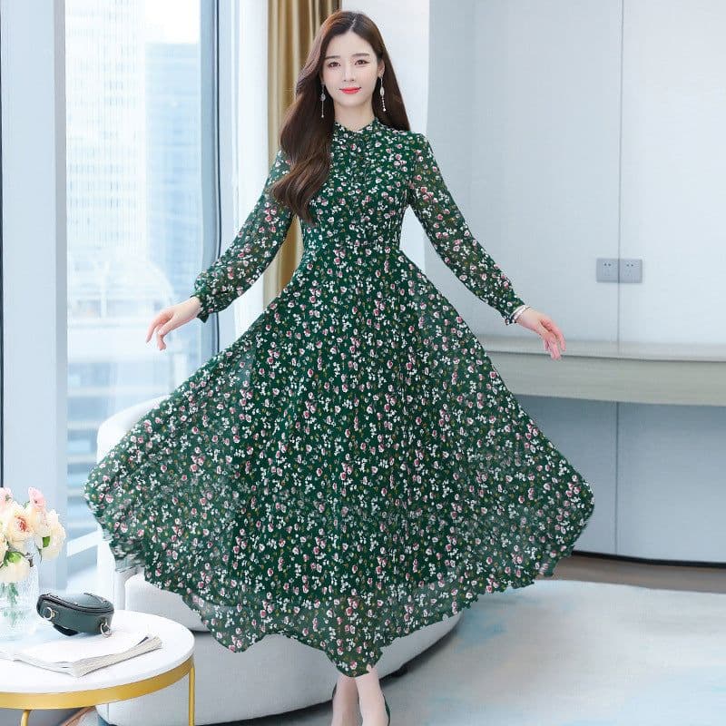 image-New floral green chiffon dress women's autumn women's new style slimming big swing floral long skirt