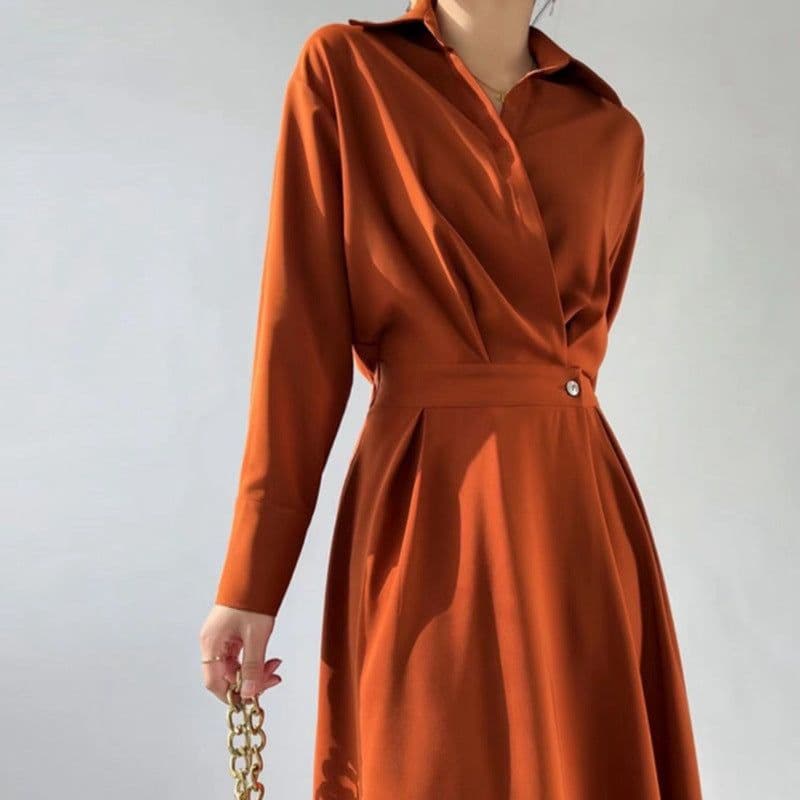 image-Polyester Midi Dress - Orange Long Sleeve POLO Collar