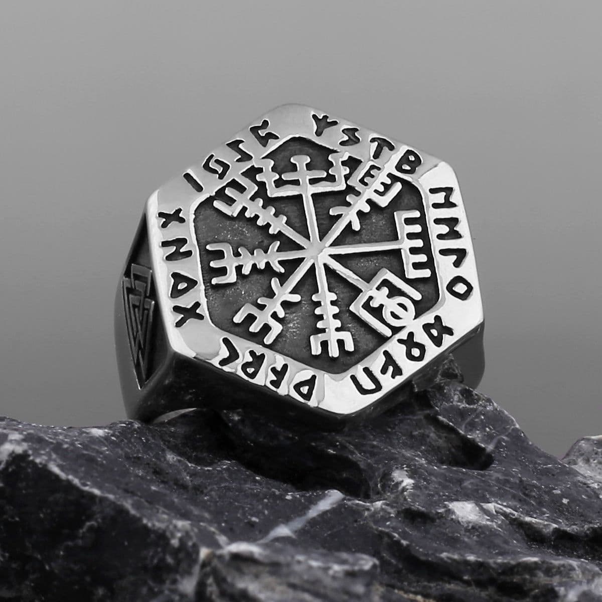 image-Viking totem rune titanium steel ring Odin compass ring triangle rune ring men's trendy stainless steel ring